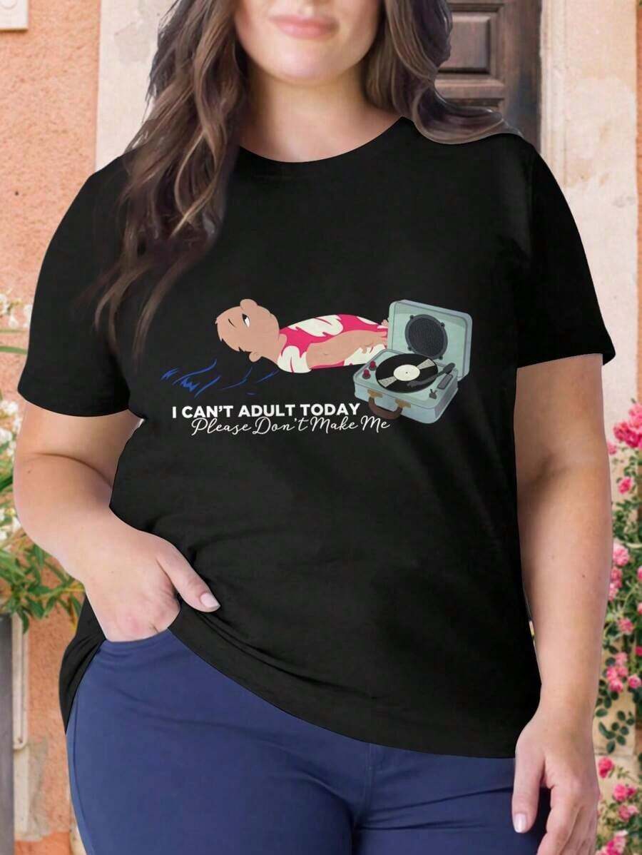 Lilo Stitch Can't Adult Today Hawaiian Oversize Women T-Shirt For Women (Plus Sizes)-Soft & Breathable-Lightweight & Airy-Premium Cotton Blend-Ultra-Soft Fabric-All-Day Comfort-Y2K -Everyday Essential-Effortless- - 黑色 - 查看 1
