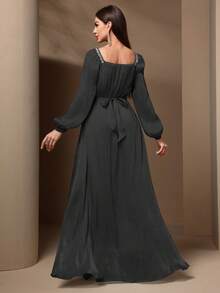 Women's Elegant Sequin & Ribbon Patchwork Lantern Sleeve Dress, Spring & Summer - Black - View 2