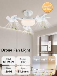 带灯吊扇，无人机造型 LED 灯，E27 灯泡，遥控器可调色温和亮度，3 档速度，适用于展厅/阅览室/餐厅/酒吧/卧室/咖啡厅/客厅/厨房