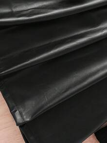 2 件女童春秋套装 - 竖条纹长袖针织上衣 + 松紧腰褶皱仿皮裙，女童日常户外和派对穿着，优雅时尚 - 黑色 - 查看 7