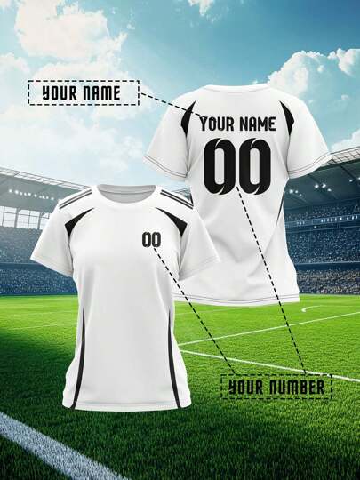 Jersey deportivo personalizado 2025, nueva camiseta deportiva de verano casual para entrenamiento al aire libre, camiseta de manga corta para mujer de equipo deportivo, club de entrenamiento, gimnasio, con nombre y número impreso en el frente y la espalda, transpirable y cómoda para uso diario casual, fiesta, camiseta interior blanca