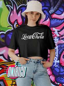 Crop top Loca Chola Ombliguera  Letras  Color combinado    Casual    Chifón    Ninguno    Escenario y concierto  Noche de fiesta  Playa - Negro - Ver 2