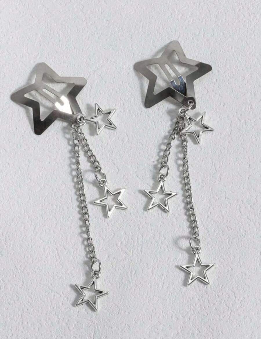 Pair Of Star Chain Hair Clip Silver Star Clip Punk Grunge Style Star Pendant - Silver - View 1