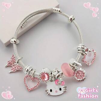Sanrio Sanrio For Hello Kitty Bracelet Pink And Red - Cute Kawaii Pendant Jewelry With Cat Face, Butterfly, Heart Shape, And Sun Pendant, Suitable For Teenagers, Perfect As A Gift For Friends [School Season], [Halloween], [Christmas]