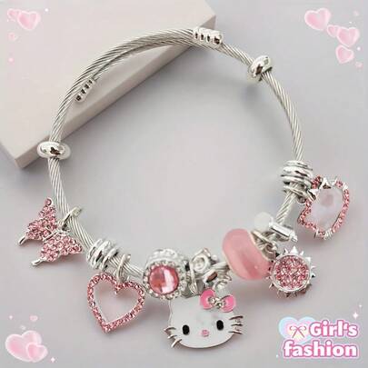 Sanrio Sanrio For Hello Kitty Bracelet Pink And Red - Cute Kawaii Pendant Jewelry With Cat Face, Butterfly, Heart Shape, And Sun Pendant, Suitable For Teenagers, Perfect As A Gift For Friends [School Season], [Halloween], [Christmas]