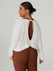 Women Plus Size Plus Size Lightweight Breathable Hollow Back Leisure Fitness Sport Long Sleeve T-Shirt Cover-Up Blouses Top - 白色 - 查看 5