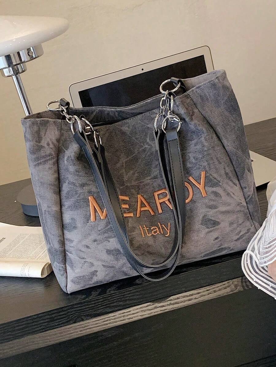 女士时尚字母刺绣大容量托特包，适合日常通勤 - 黑色 - 查看 1