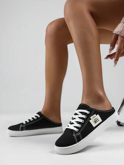 女士一脚蹬运动鞋，帆布一脚蹬鞋，时尚舒适拖鞋，防滑乐福鞋，休闲露跟鞋