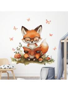 可爱狐狸儿童阅读墙贴 - 卡通书迷动物墙贴，适用于幼儿园、书房装饰、可移除教育教室装饰儿童房 - 彩色 - 查看 8