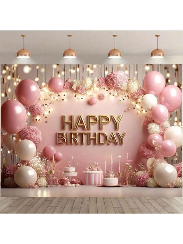 1 pieza Pancarta de fondo de fiesta de cumpleaños de poliéster, con globos rosa y dorados, pastel, tema floral, telón de fondo para fotografía de fiesta de cumpleaños, adecuado para cumpleaños, fiestas, reuniones, celebraciones, decoración familiar interior/exterior, sin electricidad requerida