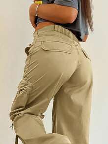 Y2K Street Flap Pocket Tape Detail Loose Casual Wear Wide Leg Parachute Cargo Pants - 卡其色 - 查看 4