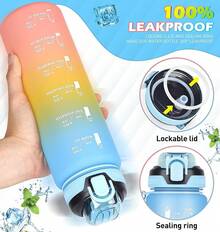 1L Bottle With Straw,Bottle Dishwasher ,Leak-Proof Sports Drinks Bottle With Maker & Bottle Brush,Running,Cycling, Gym, School & Office,Black - 藍色漸變 - 查看 4