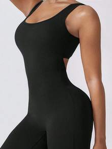Plus Size Jumpsuit, Comfortable & Fashionable Sexy Casual Outdoor Sports Backless Jumpsuit, Suitable For Graduation, Back To School Season, Hollow Out Ruched Knit Camisole Jumpsuit - Black - View 6