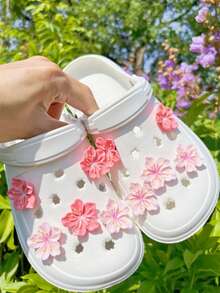 10 piezas de accesorios de moda DIY para zapatos, adornos florales rosados y rosas adecuados para zapatos de playa, sandalias, zuecos huecos, hebillas de zapatos desmontables, regalos de festival - Multicolor - Ver 2