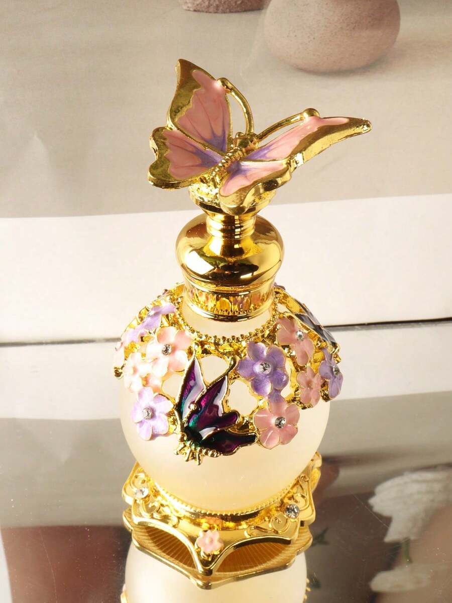 Luxury Style 15ml Vintage Pink Butterfly Perfume Bottle Decorative Empty Refillable Perfume Container Fancy Essential Oils Dropper Bottle Decor