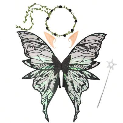 Set de 4 piezas Alas de mariposa dorada de hada para fiesta disfraz - Incluye diadema, varita mágica, alas de mariposa doradas, orejas de hada - Apto para mujeres en Halloween, cosplay, fiesta con tema de hadas, reunión, utilería para fotos