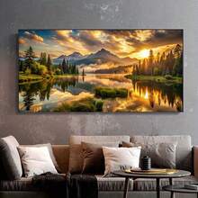 无框帆布艺术印刷品 - 金色日出、雪山倒映水面、现代客厅或卧室墙壁装饰、帆布墙面艺术 - 彩色 - 查看 4