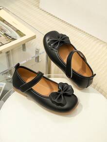 1 Pair Black Bow Decor Children's Shoes, Adjustable Strap, Round Toe, TPR Non-Slip Comfortable, Lightweight, Solid Color Ballet Flats Suitable For 5-14 Years Old Girls, School, Performance, Indoor & Outdoor Activities, All Seasons - Black - View 3