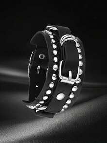 Xiacheng 1/6/9 件装尖头铆钉手链黑色皮革铆钉朋克手链袖口缠绕手镯按扣金属腕带男女通用