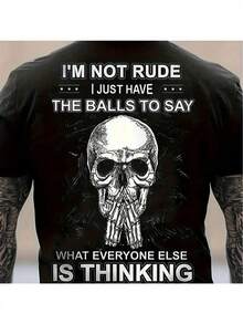 Camiseta gráfica audaz para hombres - Diseño impreso en 3D "No soy grosero", camiseta de algodón de corte relajado con cuello redondo, lavable a máquina, perfecta para la diversión al aire libre en verano, ropa de ocio al aire libre| Camiseta con gráfico de calavera| Elasticidad media - Negro - Ver 1