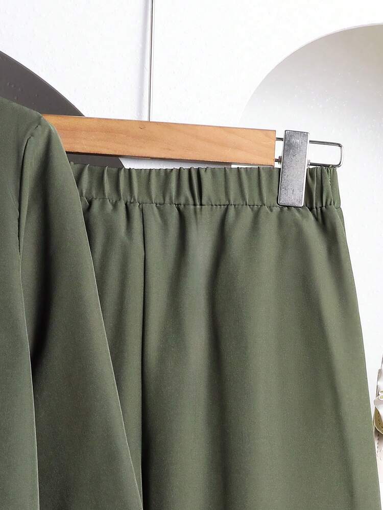 Left Mama طقم بنطال مستقيم وقميص أكمام طويلة مطوي، أنيق للبنات المراهقات ملائم للربيع والخريف - أخضر عسكري - مشاهدة 6