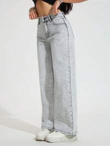 Calça jeans feminina reta e versátil, casual e solta, com bolso - Cinza - Ver 3