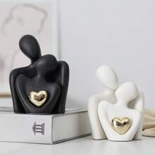 2pcs/1pc 3.35"X2.56" Heart-Shaped Golden Plated Abstract Artistic Ceramic Figurine, Embracing Couple Decoration For Wine Cabinet, Entrance Or Valentine's Day Festival Decoration, Home Decor