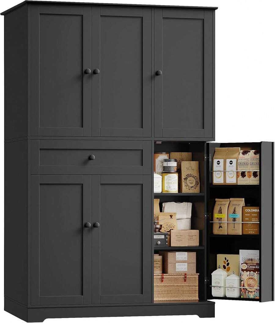 HOSTACK 68" Tall Kitchen Pantry Storage Cabinet, Modern Kitchen Hutch Cabinet With Doors And Shelves, Freestanding Food Pantry With Large Storage Drawer For Dining Room, Living Room, White - Black - View 1