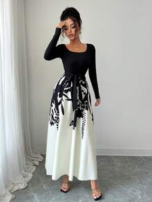 Women's Mixed Color Print Drawstring Round Neck Short/Long Sleeve Dress, Autumn Elegant - Multicolor - View 5
