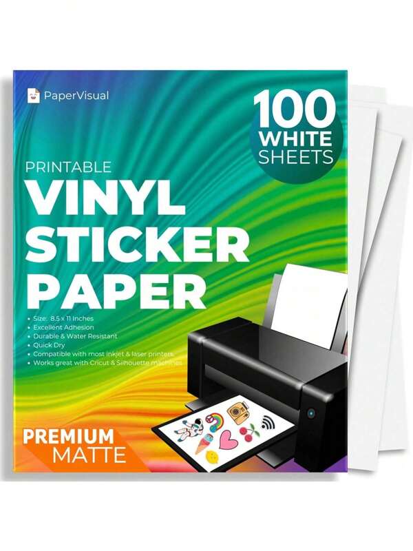 100 Blatt hochwertiges bedruckbares Vinyl-Aufkleberpapier für Tintenstrahldrucker, A4-Format 8,27"x11,69", mattweiß wasserfest, selbstklebend, schnell trocknend, leuchtende Farben, reißfest, geeignet für Tintenstrahldrucker und Laserdrucker, Schulmaterial, Schulanfang