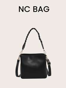 1 bolsa balde minimalista com zíper, estilo vintage, lisa, para ombro/transversal/portátil, adequada para uso diário - Preto - Ver 1