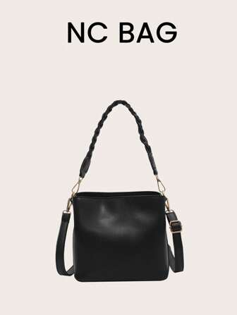 1pc Plain Vintage Fashion Woven Zipper Minimalist Bucket Bag For Shoulder/Crossbody/Handheld, Suitable For Daily Use