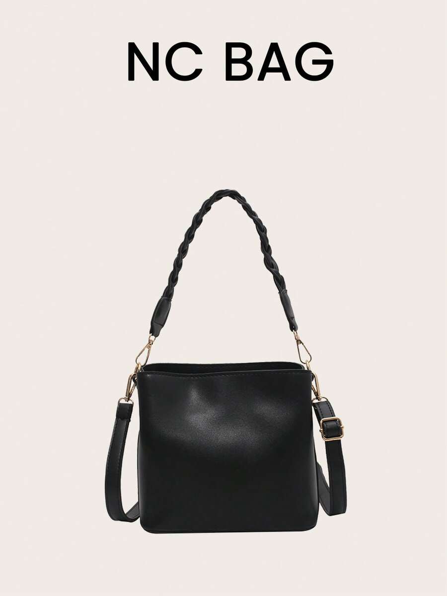 1 bolsa balde minimalista com zíper, estilo vintage, lisa, para ombro/transversal/portátil, adequada para uso diário - Preto - Ver 1