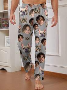 Printstory Customized Men's Pajama Pants With Unique Couple Portrait, Face Swap, And Pet Face Designs, Fall, Winter - Grey - View 3