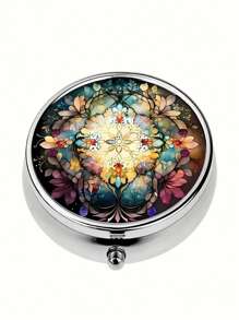 Pudełko na tabletki z 2 przegródkami, przenośne etui na leki, można umieścić w kieszeni lub portfelu, dekoracyjne metalowe pudełko do przechowywania leków i witamin, wyjątkowy prezent (kwiatowy)