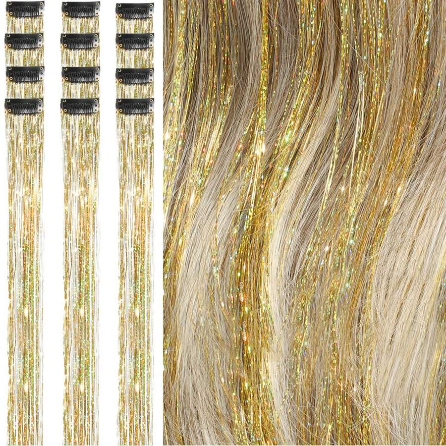 24-Inch Shiny Hair Extensions Clip-In, Heat Resistant, Shiny Fairy Hair Accessories Suitable For Women, Girls, Applicable For Halloween - Gold - View 1