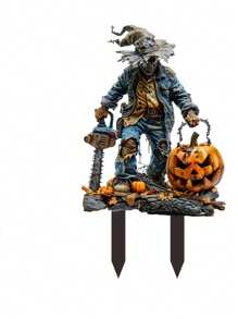 1pc Halloween Chainsaw Scary Pumpkin Outdoor Decoration Sign, Suitable For Halloween Decoration, Outdoor Decoration, Lawn Decoration, Flowerpot Decoration, Backyard Decoration. Outdoor Decorative Panels Made Of 2D Flat Acrylic Sheets. The Best Gift For Halloween Decoration