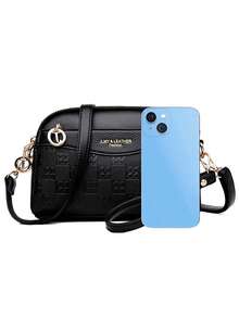 复古荔枝压纹斜挎包，复古 PU 皮革单肩包，女士百搭手提包和钱包 - 黑色 - 查看 9