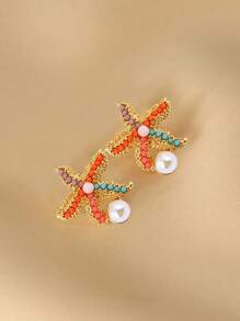 1 par de Brincos Estilo Boêmio Doce com Estrela do Mar Colorida e Pérola Falsa, Adequado para Uso Diário, Viagens, Festas de Praia, Férias, etc. para Mulheres