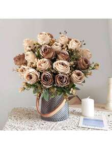 1/2/3 件秋季古典玫瑰人造花丝绸绣球花束假植物，南瓜，人造花，用于家居装饰，婚礼装饰，秋季装饰，秋季装饰，房间装饰，厨房配件，餐厅，卧室装饰，浴室配件， - 玫瑰花束-咖啡色 - 查看 1