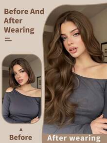 黑色长款波浪卷发接发，女士合成全头假发 - 巧克力棕 - 查看 8