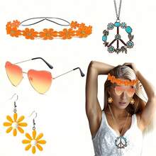 5pcs/Set Hippie Style Accessories Set: Peace Sign Necklace, Daisy Earrings, Flower Headband, Sunglasses, 60s Fashion Halloween - Blue - View 14