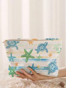 1 pièce Sac cosmétique portable, série marine motif coquillage et étoile de mer impression recto-verso, trousse de maquillage zippée de voyage, organisateur de toilette multifonction