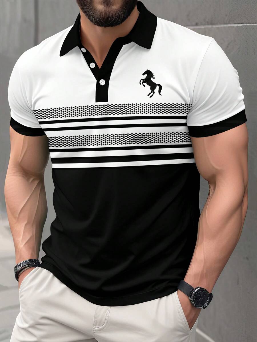 Plus Size Men's Business Casual Striped Horse Print Short Sleeve Polo Shirt - Black and White - View 1