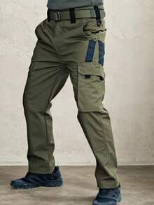 2Pcs Men's Solid & Camo Print Pockets Zipper Waterproof Tactical Cargo Pants Without Belt, Regular Fit Sporty Pockets Durability Trousers For Fall, Wear-Resistant Outdoor Training Pant For Men - 灰色+綠色 - 查看 7