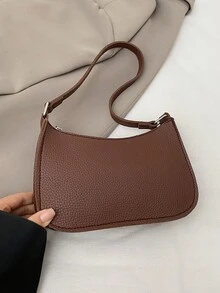 新款女式时尚简约单肩包休闲通勤腋下手提包小巧小众托特包纯色荔枝纹咖啡色