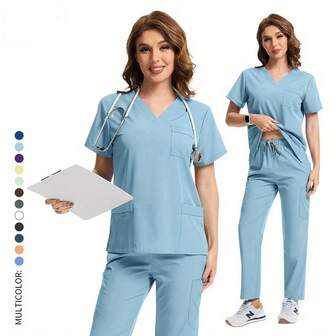 Practical Medical Scrubs Set, Top And Pants With Functional Design, Durable Easy-Care Fabric, For Healthcare Professionals Daily Wear