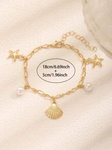 1 pieza Pulsera elegante y linda de niñas con estilo océano creativo, con colgantes de concha, estrella de mar y perla falsa, ideal para uso regular, vacaciones de playa y verano