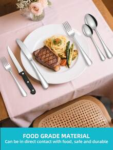 24 件银餐具套装，包括牛排刀、叉子、汤匙、甜点勺、4 套餐具 - 适用于家庭、餐厅、酒店、派对、婚礼、自助餐、不锈钢餐具套装、镜面抛光餐具套装、厨房用具套装、叉刀勺套装、可用洗碗机清洗