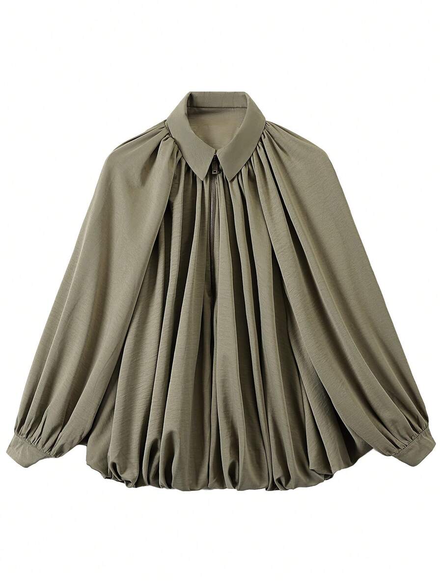 Chaqueta bomber verde oversize para mujer - Chaqueta casual con manga larga y cremallera delantera - Verde militar - Ver 1